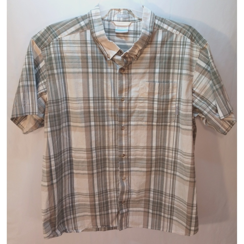 Men's Columbia Button Up Short Sleeve Shirt, XXL, Beige Plaid, Regular Fit